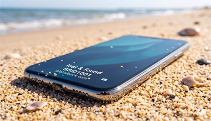 Smartphone en la playa con aviso GBID